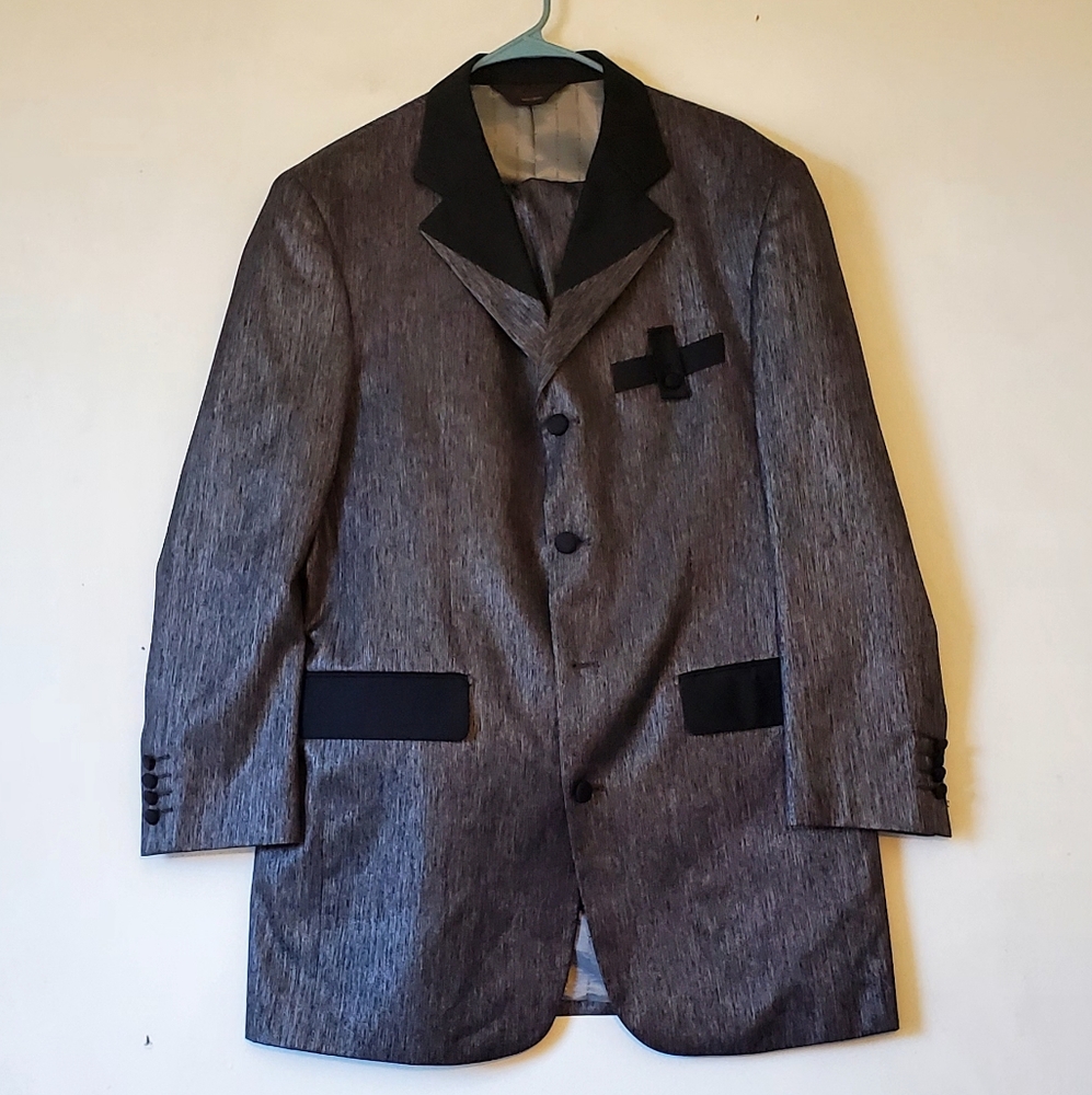 Italian Pallini‎ Two Piece Metallic Gray Black Suit Jacket 40R Pants 34R Suits